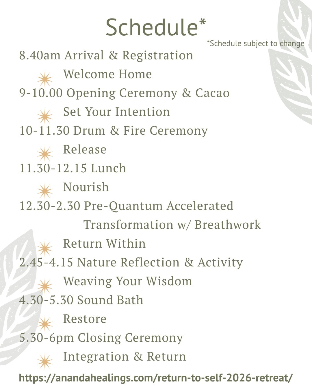 Sacred Awakening Level 1 training itinerary and schedule
